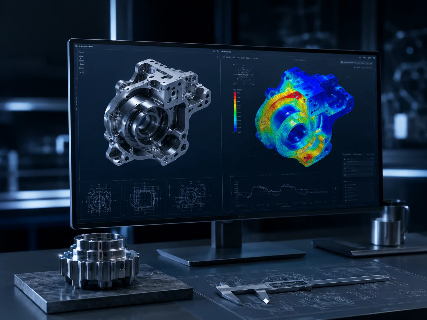 CAD model and engineering analysis displayed on a workstation